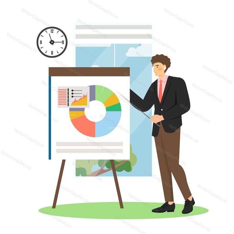 Businessman giving online presentation from home office, vector flat illustration. Remote presentation, conference, meeting. Stay at home in quarantine, coronavirus COVID-19 disease spread prevention.