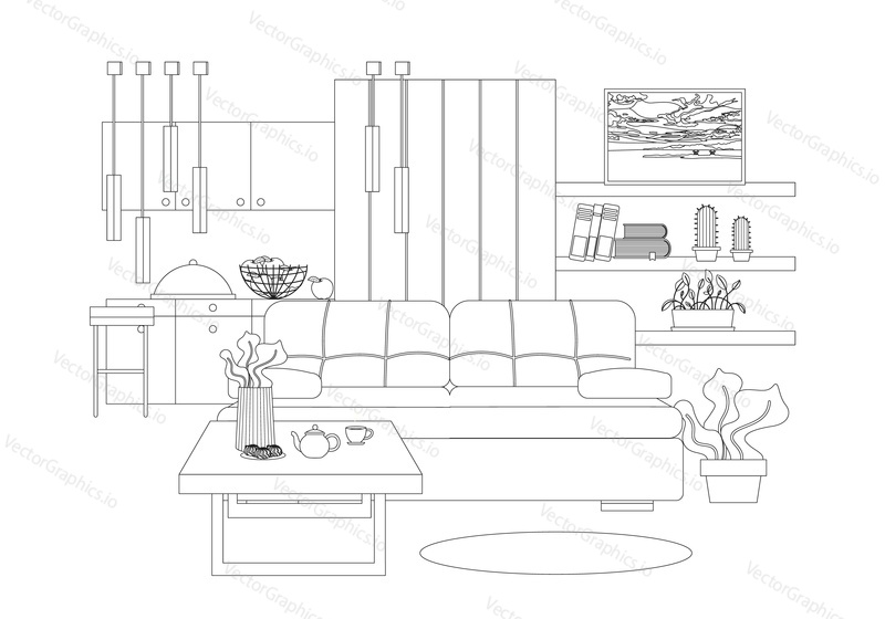Векторная иллюстрация интерьера квартиры-студии в стиле line art. Диван, журнальный столик, кухонная мебель, книги и комнатные растения на полках, картина на стене. Дизайн интерьера уютного дома.