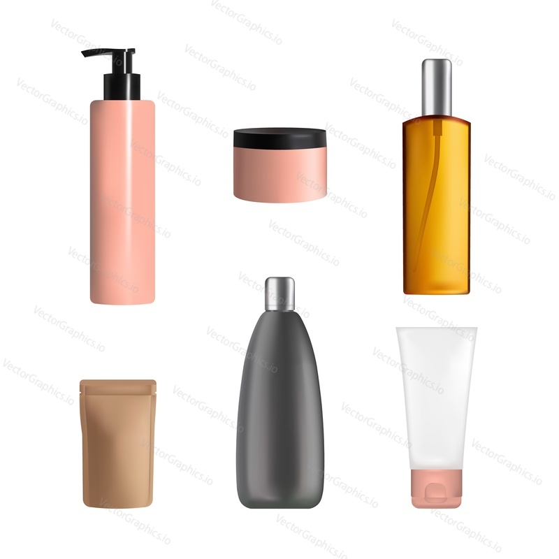 Péče o tělo kosmetika balení mock up set, vektorové izolované ilustrace. Realistická plastová nádoba, trubice, stříkací a čerpací lahve, stand up bag pro krémové mléko, gel, kosmetické mléko další produkty péče o pleť.