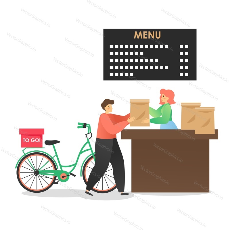 Delivery man courier taking takeaway food bags to deliver them to customers, vector flat illustration. Fast food restaurant takeaway and delivery service.