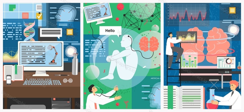 Artificial intelligence technology vector poster template set. AI engineers developing digital brain. Engineering artificial intelligence software, computer science, machine intelligence, automation.