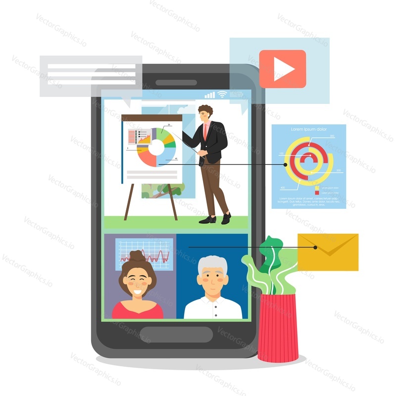 Obrovský smartphone s podnikatelem poskytující online prezentaci, vektorová plochá ilustrace. Webinář na mobilním zařízení, vzdálená prezentace, online obchodní konference, setkání.