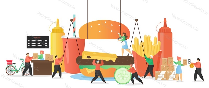 Fast food restaurant chefs cooking and people ordering online, couriers delivering delicious burgers, french fries, other snack food. Burger house takeaway and delivery service concept.