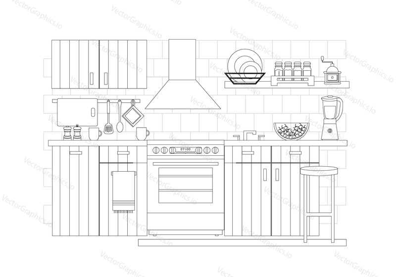 Интерьер кухни, векторная иллюстрация в стиле line art. Кухонная мебель с электрической плитой и духовкой, вытяжкой, раковиной, бытовой техникой, посудой и столовыми приборами.
