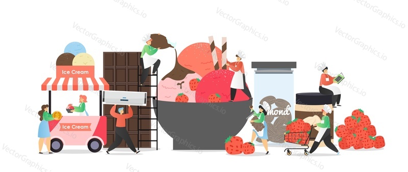 Мужские и женские персонажи делают и продают фруктовое и миндальное мороженое, замороженный десерт, векторная плоская иллюстрация. Композиция для бизнеса мороженого для плаката, баннера и т.д.