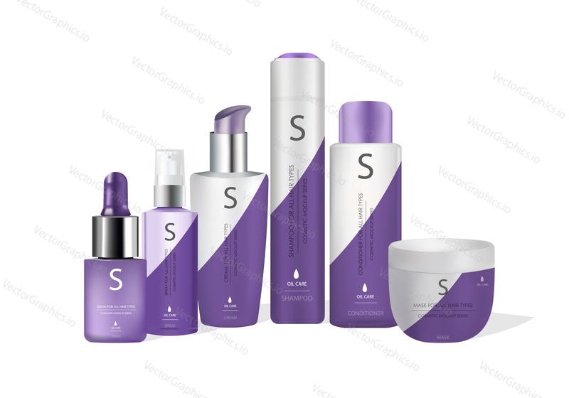 Péče o vlasy balení vektor mock up set. Realistické kosmetické lahve pro sérum, šampon, krém, sprej, kondicionér, masku a další vlasové výrobky.
