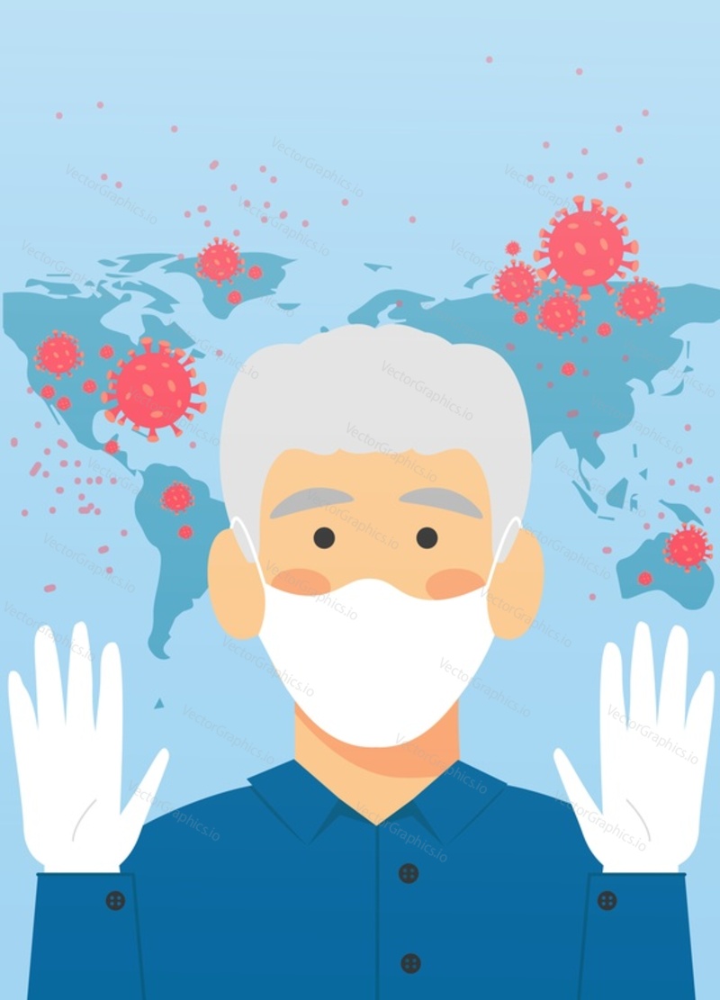 Muž na sobě ochrannou lékařskou masku a rukavice, vektorová plochá ilustrace. Pozadí mapy šíření koronaviru. Boj proti koronovému viru Covid-19, prevenci a ochraně koronavirů.