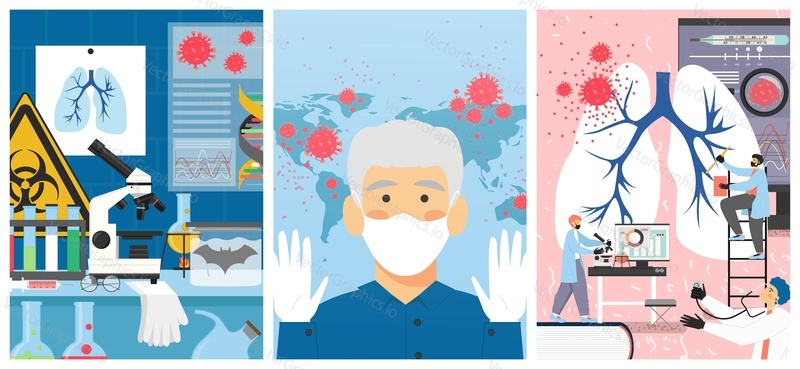 Coronavirus globální ohnisko šíření vektorové plakát šablony set. Mapa světa koronaviru, nošení roušek a rukavic preventivní a ochranná opatření, výzkum a testování vakcín ve vědecké lékařské laboratoři.