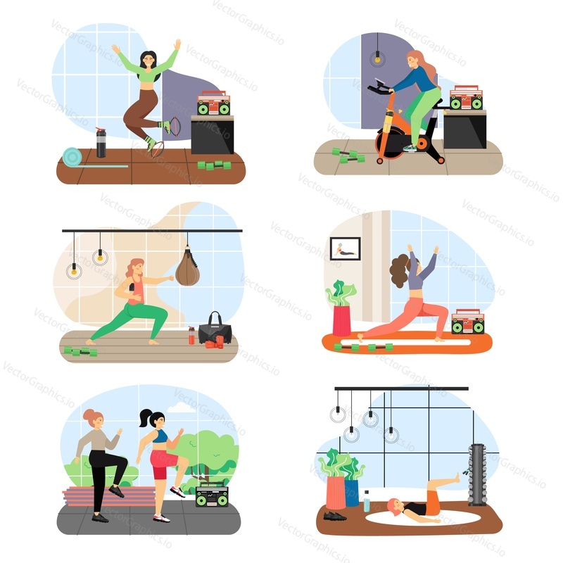 Набор мультяшных персонажей Fitness people, плоская векторная иллюстрация. Девушки занимаются кенгуру, пилатесом, растяжкой, фитнес-упражнениями тхэ бо, катаются на велотренажере. Тренировка в спортзале. Активный и здоровый образ жизни.