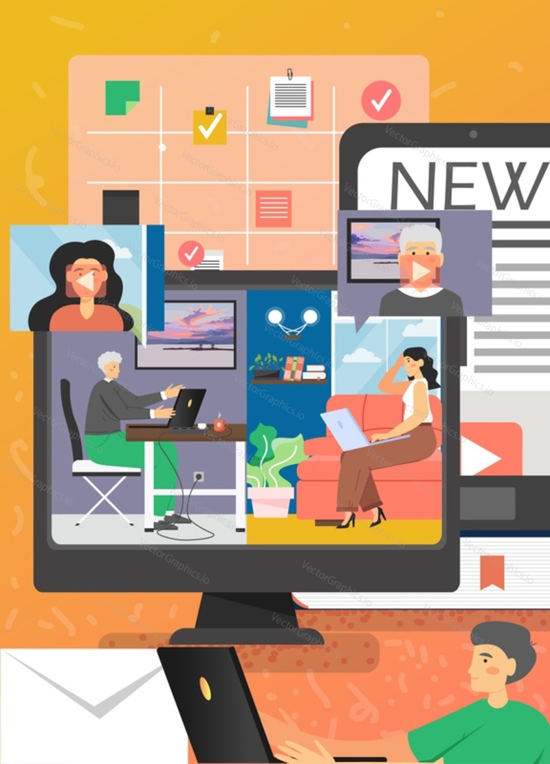 Group of business people taking part in online video conference using laptop and desktop computers, tablet, mobile phone, vector flat illustration. Videoconferencing, online meeting and webinar.