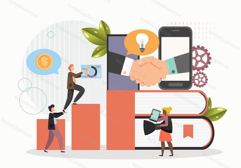 Businessman taking his business to the next level, flat vector illustration. Business growth strategy, next level to success. Partnership agreement, creation of new ideas, teamwork.
