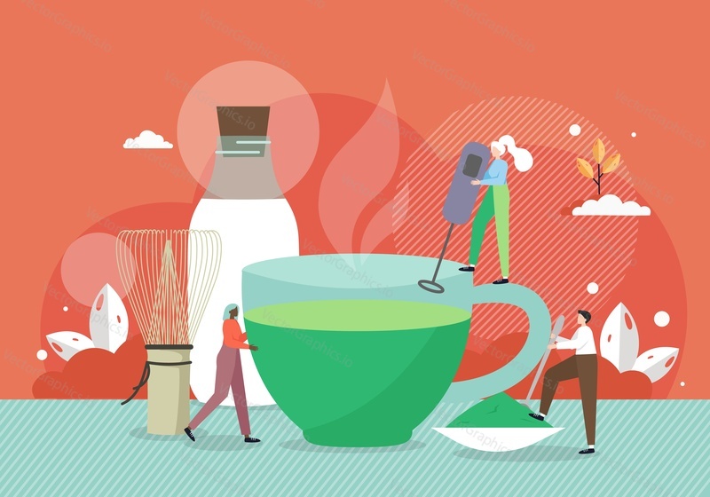 Barista malé mužské a ženské postavy dělat obří šálek Matcha zeleného čaje, ploché vektorové ilustrace. Čajovna, Čajovna. Zdravý a organický bylinný nápoj, tradiční japonský obřad.