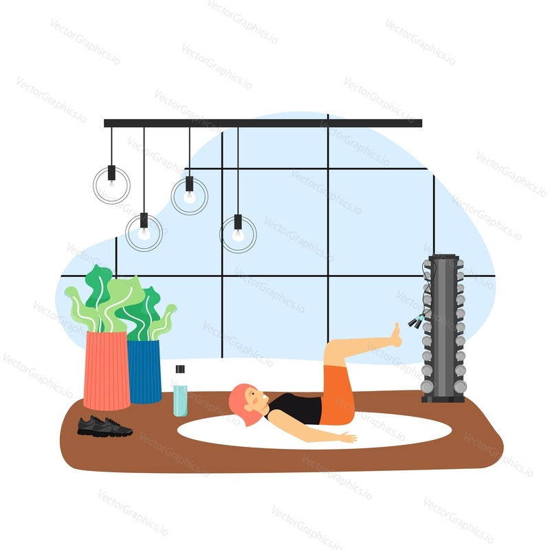 Занятия спортом и фитнесом. Молодая женщина, выполняющая упражнения пилатеса, плоская векторная иллюстрация. Фитнес-тренировка по пилатесу. Активный и здоровый образ жизни.