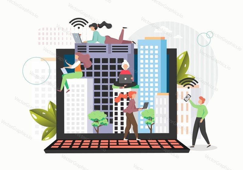 Obří přenosný počítač a malé mužské a ženské postavy využívající mobilní zařízení a bezdrátové připojení k internetu v zóně wifi, plochá vektorová ilustrace. Zdarma wifi hotspot, veřejná přístupová zóna.