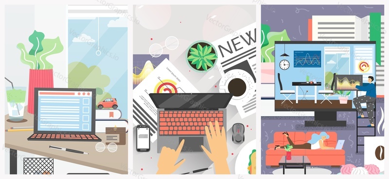 Remote work vector poster template set. Home workspace interior, business people working from home office using computer and internet connection. Social distancing during coronavirus quarantine.
