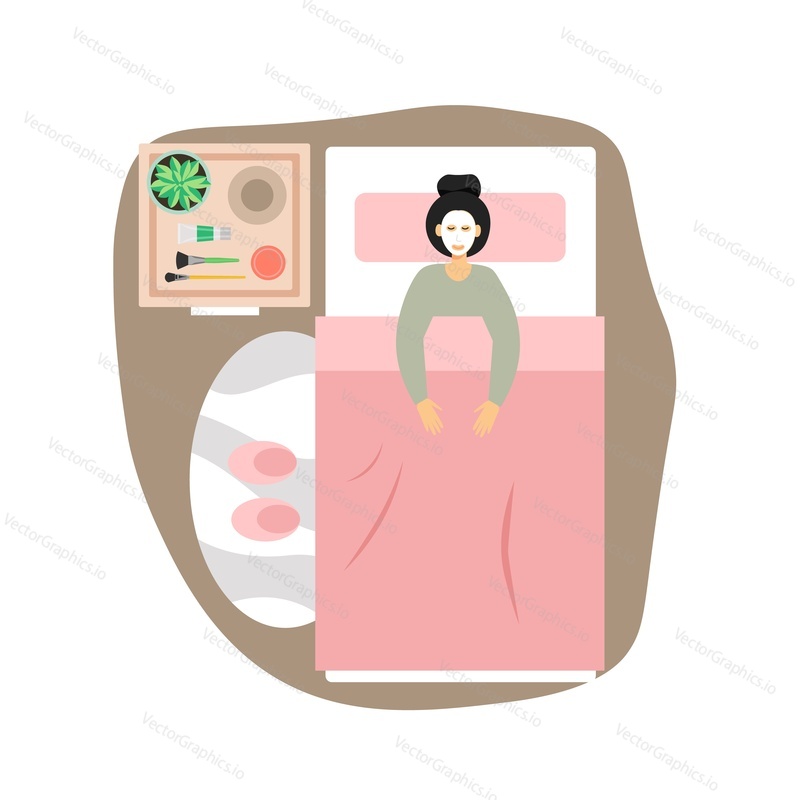 8 March, Womens Day. Happy woman enjoying her day off, visiting cosmetologist, beauty salon, flat vector illustration. Girl pampering herself with face mask spa therapy. Happy holiday.