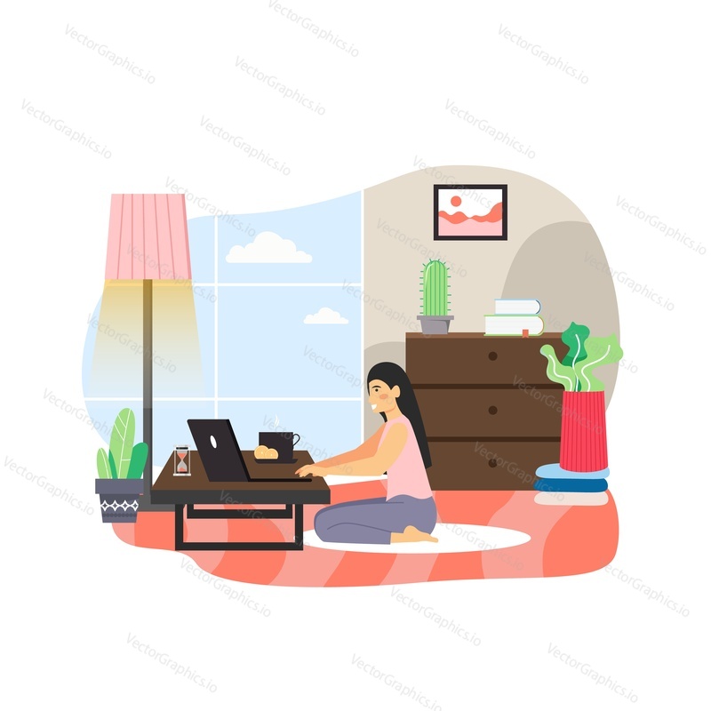 Freelance. Young woman working from home sitting on the floor, flat vector illustration. Freelancer female character working on laptop in living room. Remote work, distance education, online learning.