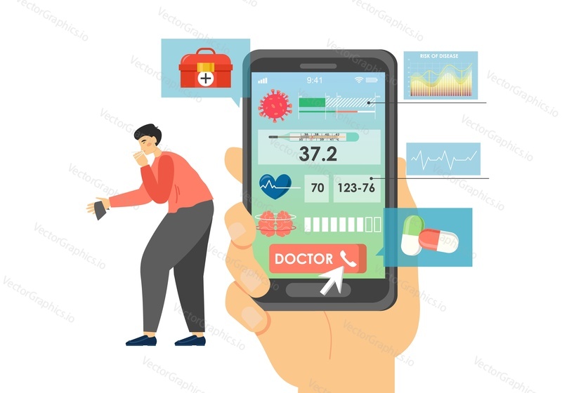 Ruční chytrý telefon s aplikací pro lékařské testování na obrazovce a kašláním, vektorová plochá ilustrace. Suchý kašel, potíže s dýcháním, příznaky koronaviru, zavolejte lékaře k lékařské konzultaci.