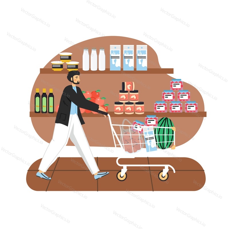 Продуктовый магазин. Человек с тележкой, полной продуктов питания, плоская векторная иллюстрация. Интерьер продуктового магазина. Молоко, масло, фрукты, консервы на полках. Покупатель с корзиной для покупок в супермаркете, торговом центре, бакалейной лавке