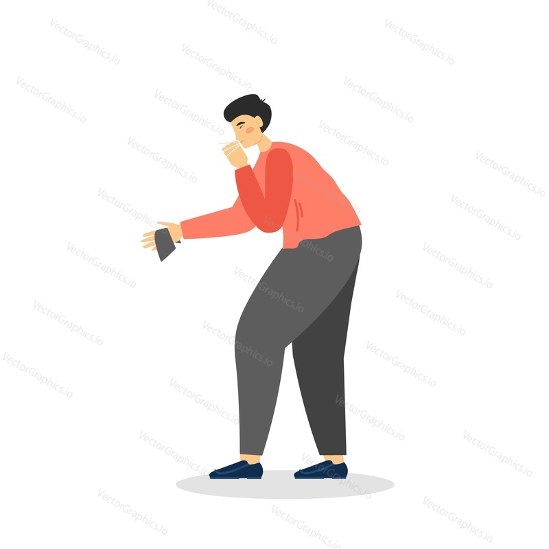 Young man feeling unwell with coronavirus infection symptoms dry cough, difficulty breathing, vector flat illustration. Coronavirus outbreak, coughing man is in need of testing for covid-19 disease.