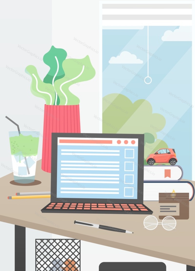 Modern home office vector poster template. Desktop with laptop computer, houseplant, books, pen, pencils, flat style design illustration. Home workspace.