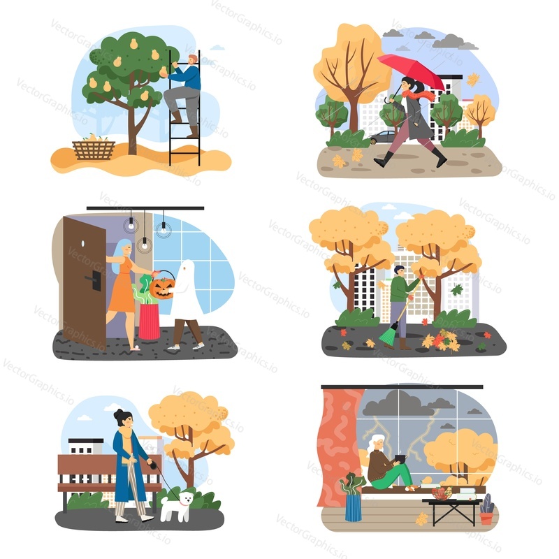 Autumn season set, flat vector illustration. People enjoying fall, walking dog, cleaning falling leaves in the park, picking pears from tree in garden, walking under the rain, celebrating Halloween.