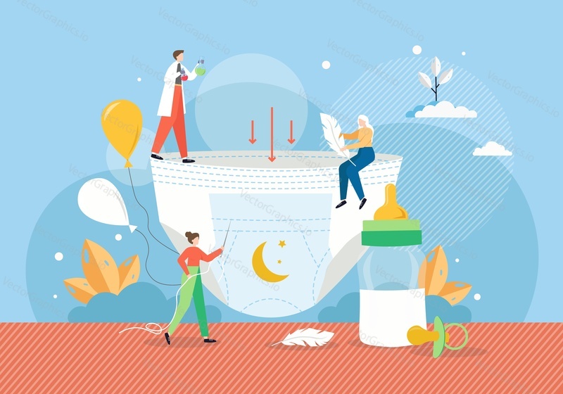 Disposable baby diaper manufacturing, flat vector illustration. Male and female characters making soft light absorbent baby nappies. Protection and hygiene for newborn infant, toddler. Diaper industry