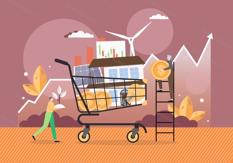 Investice do větrné a solární alternativní energie, investice do nemovitostí, ploché vektorové ilustrace. Podnikatel vkládá peníze do košíku s domem, solárním panelem, větrnými mlýny a žárovkou.