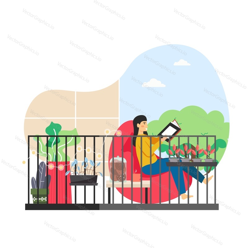 Girl reading book sitting in bean bag chair on balcony, flat vector illustration. Young woman studying, relaxing, enjoying free time with reading favorite book. Hobby and leisure activity, education.