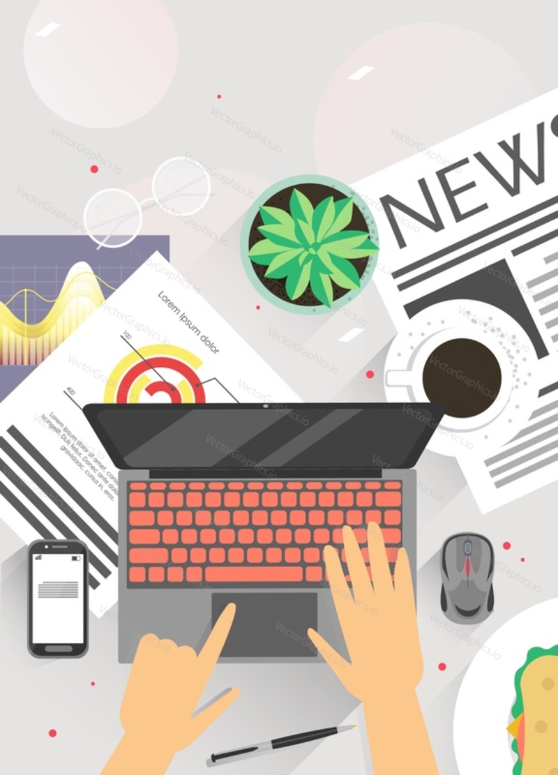 Freelancer, business man working remotely from home office using laptop computer, vector flat illustration. Newspaper sheet, smartphone, cup of coffee, cactus plant on table. Home workspace concept.