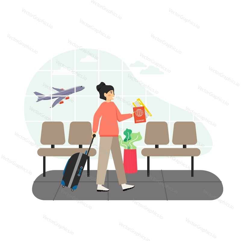 Airport waiting hall. Girl passenger with luggage, passport and ticket waiting for flight, flat vector illustration. Airport lounge. Travel by plane.
