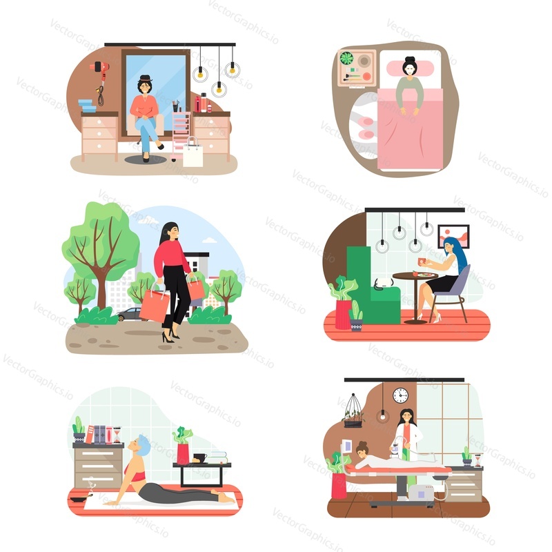 8 březen, Dámský den set, plochý vektor izolované ilustrace. Šťastné ženy tráví den volna v obchodě s oblečením, módním butiku, lázních, kosmetickém kadeřnictví a doma cvičí jógu. Šťastná dovolená