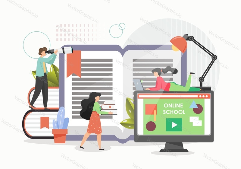 Students studying from home using computers, flat vector illustration. Male and female character with books, telescope. Online and distance education, digital library, online school.
