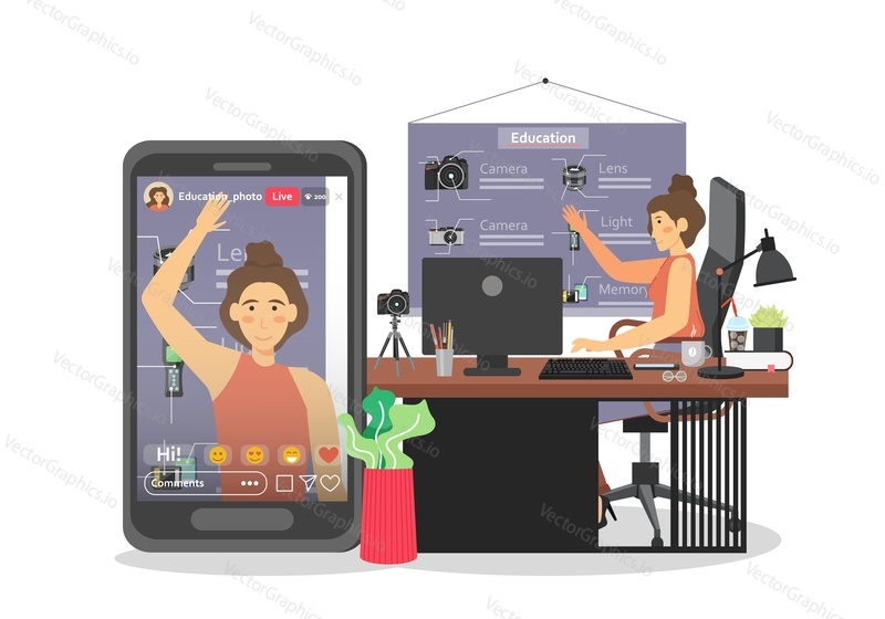 Live video streaming from desktop computer, smartphone, vector illustration. Online courses, training, classes, blogging, remote teaching. Mobile live streaming app.
