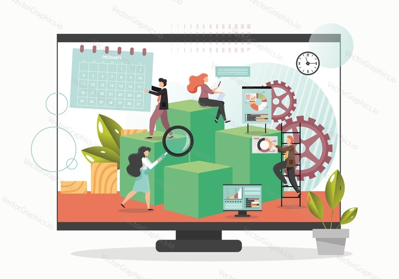 Virtuální asistent obchodní koncept vektorové ploché ilustrace. Obrovský počítačový monitor s mikro znaky obchodních asistentů zapojených do kancelářské práce na obrazovce.