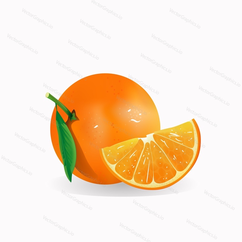 Čerstvý oranžový celek a plátek, vektorová ilustrace izolovaná na bílém pozadí. Realistické chutné oranžové citrusové plody, zdravá strava přísada pro plakát, banner, štítek atd.