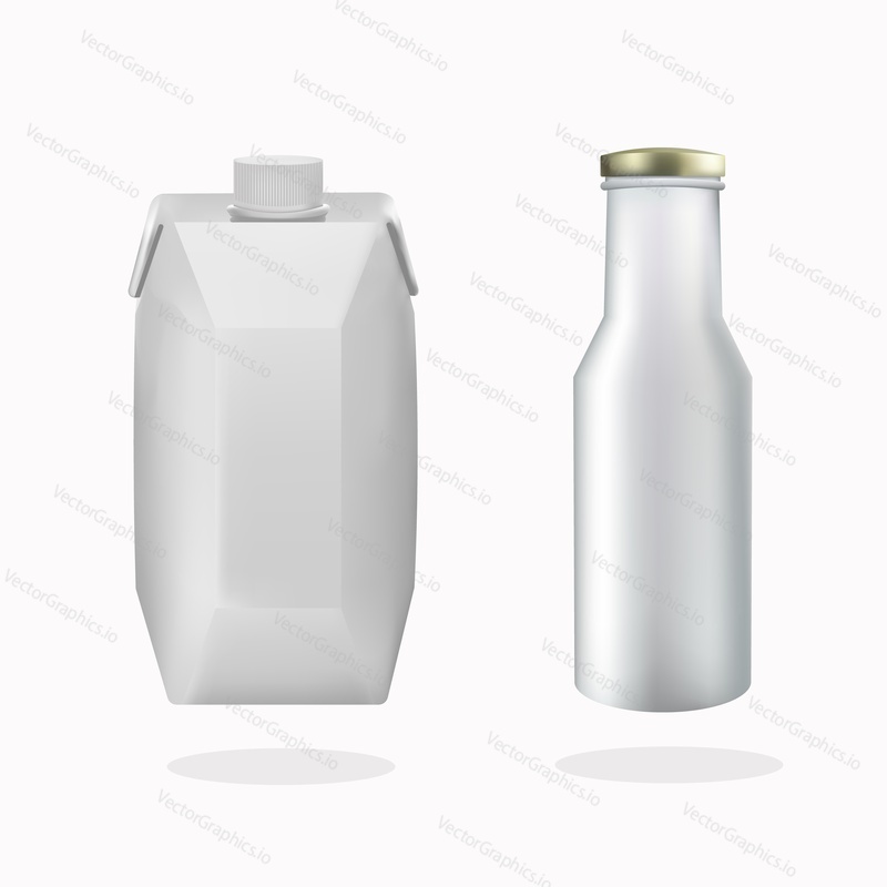 Džus a balení mléčných výrobků mock up set, vektorové izolované ilustrace. Realistické bílé prázdné plastové láhve a kartonové balení pro mléko, jogurt, ovocné a zeleninové šťávy atd.