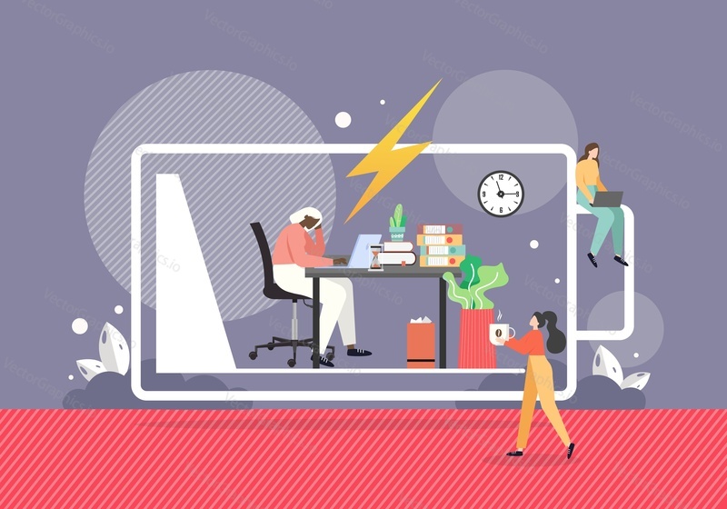 Business woman giving cup of coffee to tired exhausted girl working on computer sitting at desk in office inside of low energy battery, flat vector illustration. Hard work, emotional burnout, fatigue.