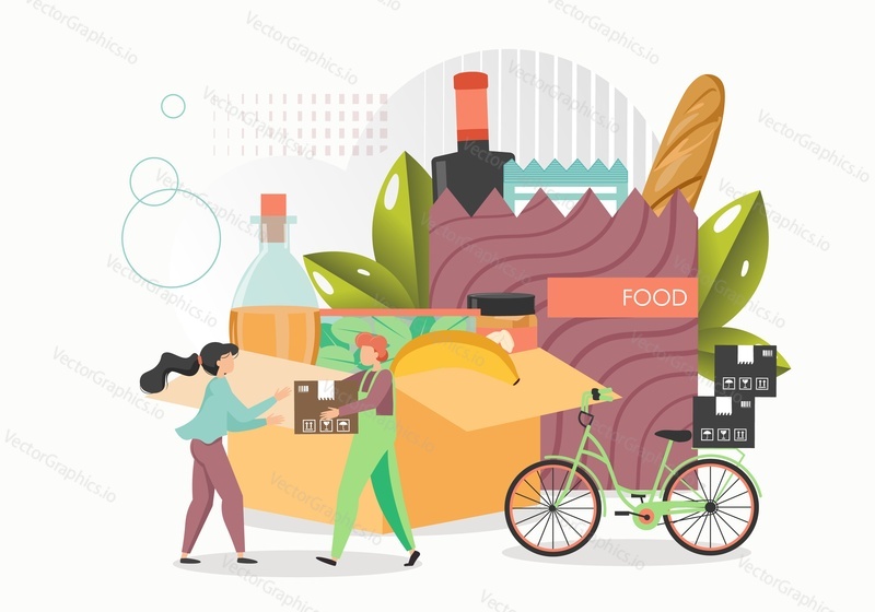 Огромный бумажный пакет для еды и картонная коробка с продуктовыми продуктами, персонажи женщина-покупатель и велосипедный курьер с коробкой, векторная плоская иллюстрация. Концепция экологической службы доставки еды на велосипеде.