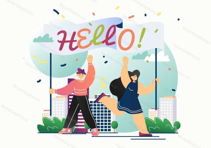 Šťastný muž a žena drží banner se zprávou Ahoj, vektorová plochá ilustrace. Ahoj, koncept pozdravné zprávy.