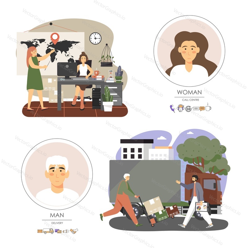 Delivery service people cartoon character set, flat vector illustration. Woman operator of call center. Delivery man, loader with hand truck full of cardboard boxes. Shipping logistics transportation.