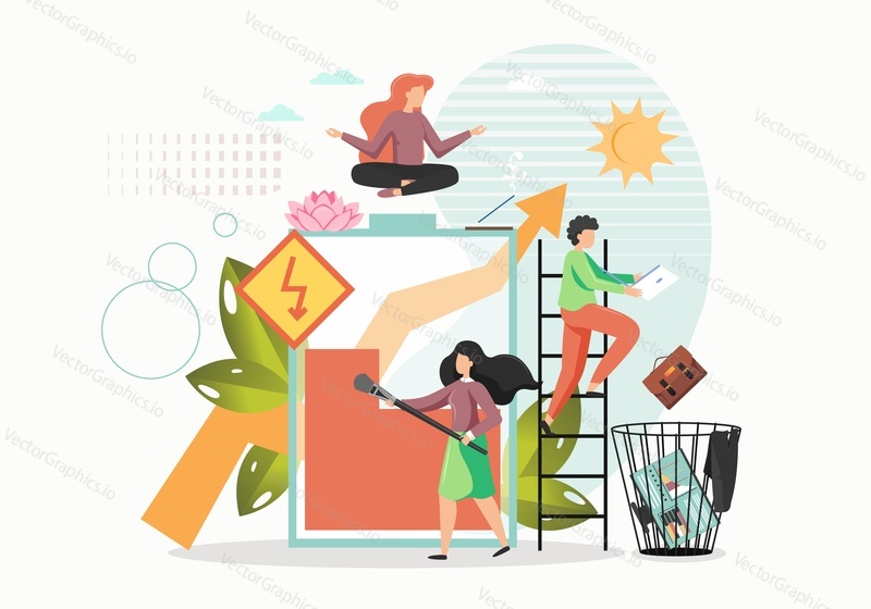 Office yoga and meditation, vector flat illustration. Girl taking rest, meditating sitting in lotus yoga pose, getting energy like charging battery, man throwing computer briefcase in office waste bin