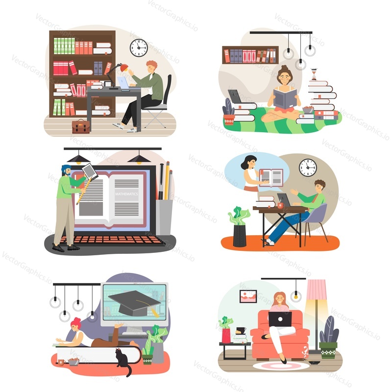 Lidé studují doma, ve veřejné knihovně, ploché vektorové izolované ilustrace. Studenti vysokých škol čtou knihy, používají počítače. Distanční vzdělávání, dálkové vzdělávání, domácí vzdělávání, online kurzy.
