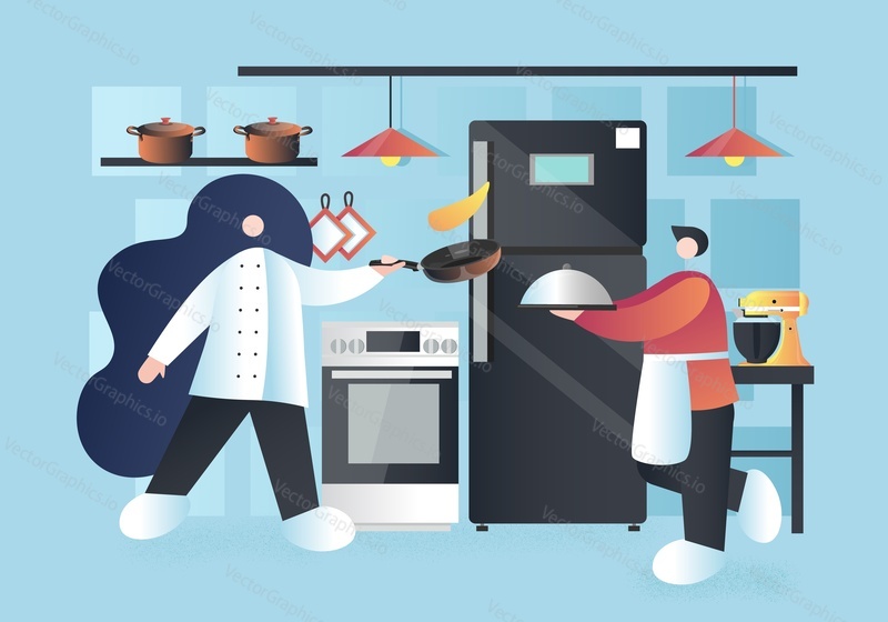 Restaurant chef cook and waiter in uniform, kitchen appliances and utensils, vector flat illustration. Commercial restaurant kitchen with male and female characters cooking food, holding silver dish.