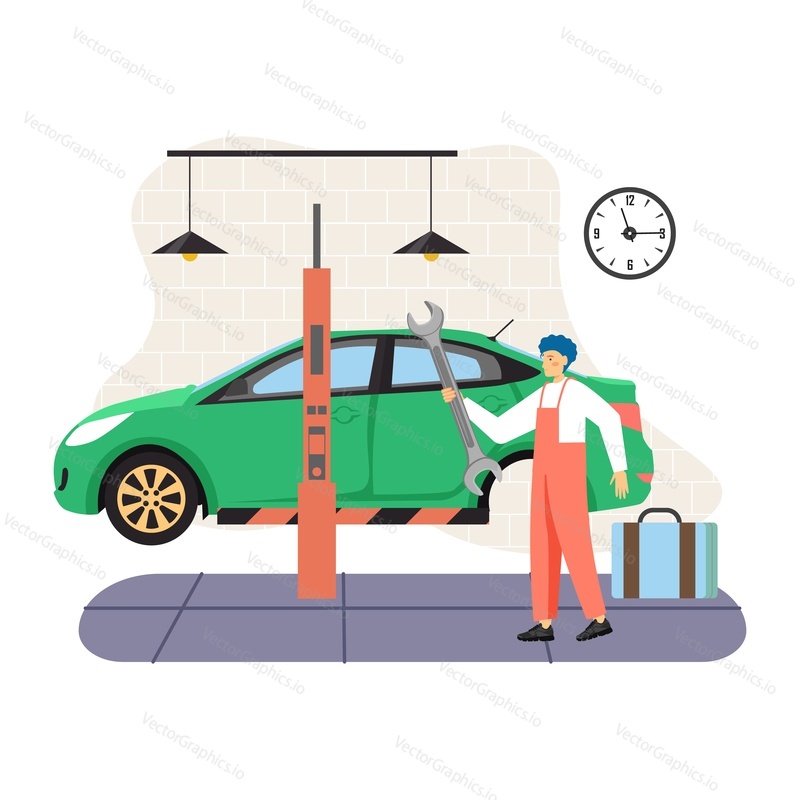 Car service center, auto repair shop, garage. Mechanic in uniform changing tires, flat vector illustration. Car repair auto service. Tyre maintenance and change.