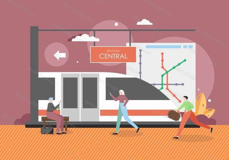 City subway station. People passengers waiting for train on platform, flat vector illustration. Metro city transport. Underground public transportation services.
