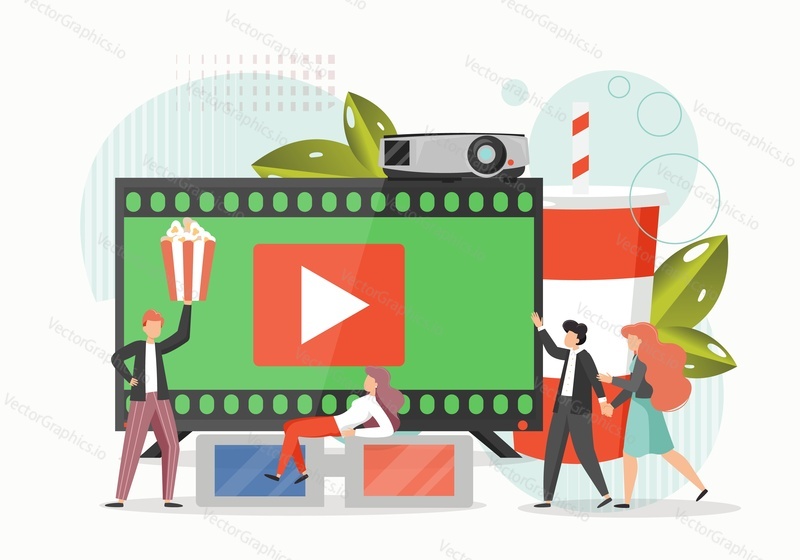 Huge tv set with film strip and video play symbol on screen, characters with popcorn, 3d glasses. Vector flat illustration. Watch tv, movie, cinema and entertainment industry, film festival concept.