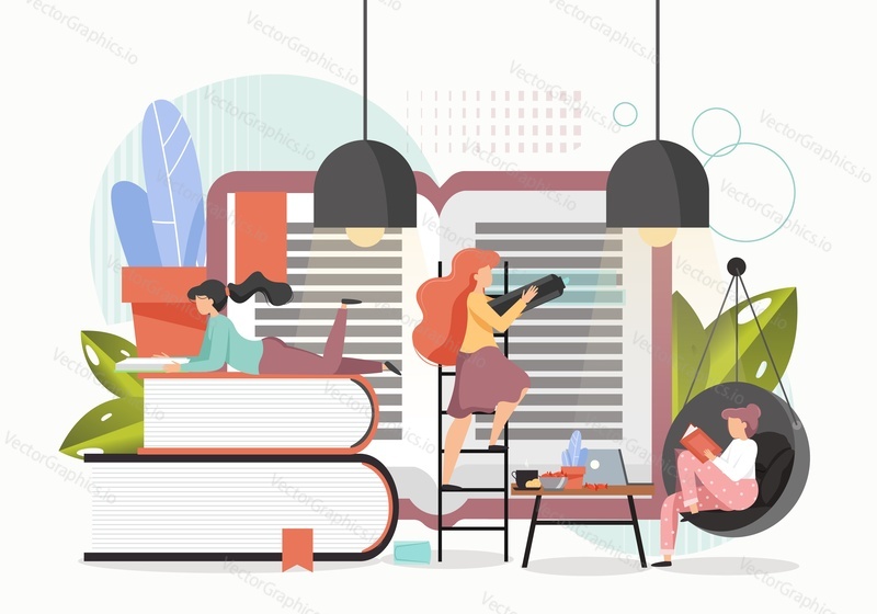 Female characters book lovers reading books, vector flat style design illustration. Literature fair or festival, bookstore, library, learning and education concept.