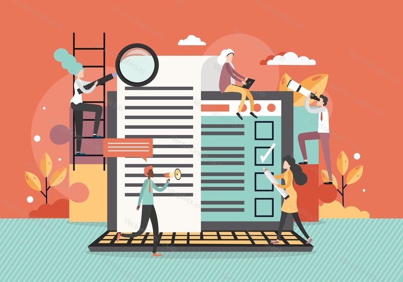 Business people team micro male and female characters working on huge laptop, shouting through megaphone, looking through telescope, vector flat illustration. Team work business concept.