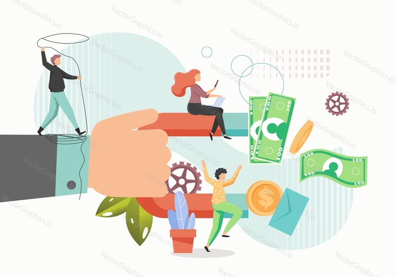 Lucky podnikatel ruka drží magnet přitahuje peníze, vektorový plochý styl designu ilustrace. Vydělávání peněz, štěstí, obchodní úspěch, koncept přitažlivosti magnetického bohatství.